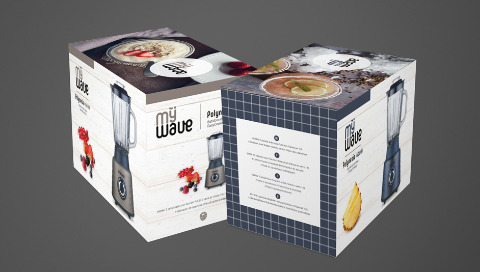 Vista lateral del diseño del pack de una batidora de vaso para MyWave