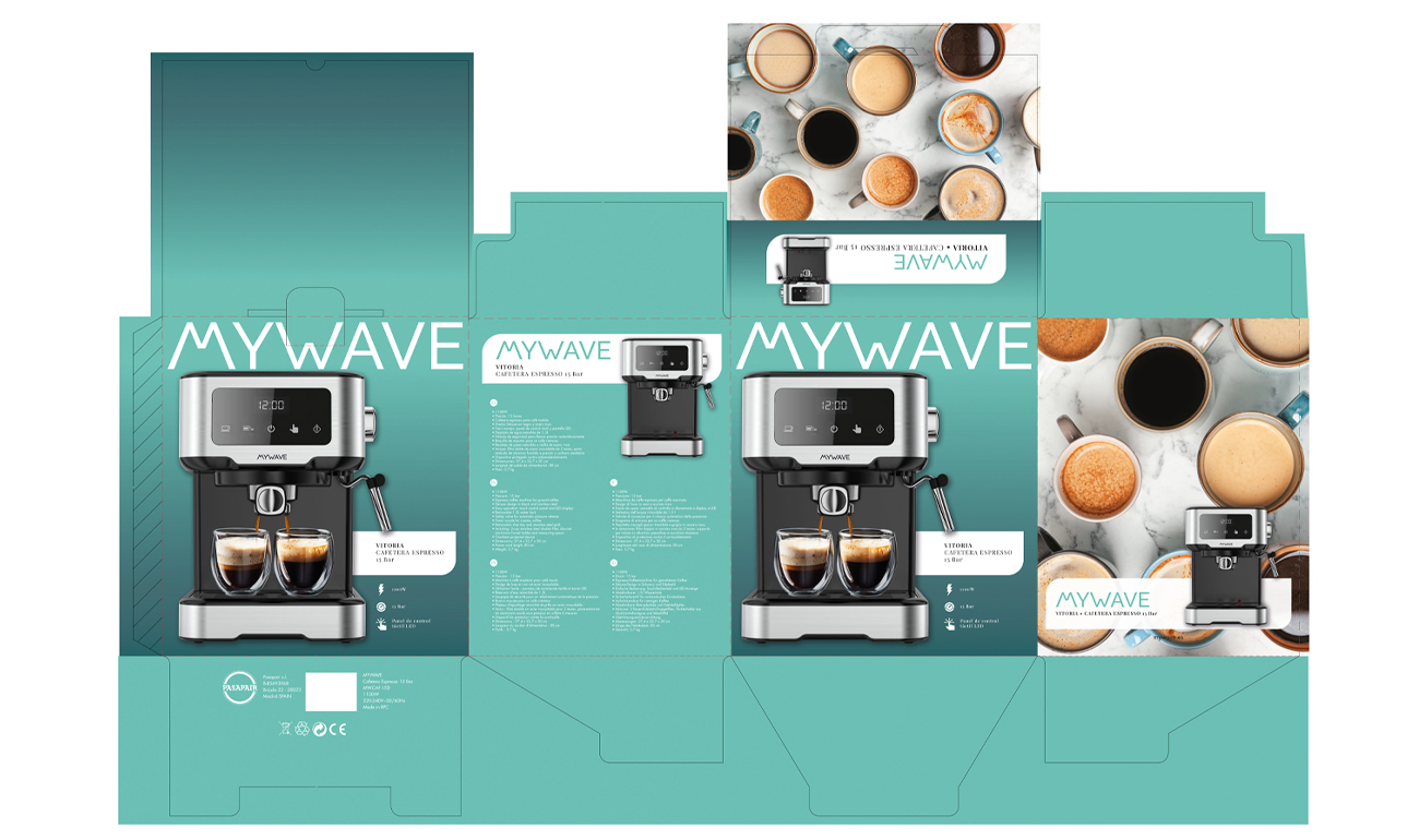 Diseño del pack de la cafetera espresso de MyWave