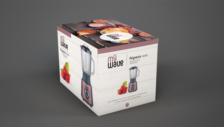 Vista lateral del diseño del packaging batidora de vaso para MyWave