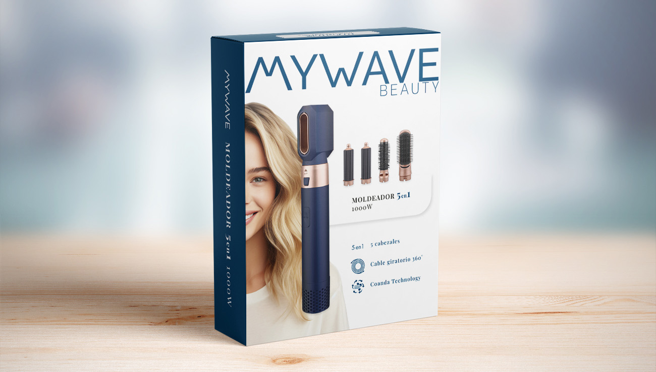 Imagen frontal del packaging del modelador de pelo My Wave