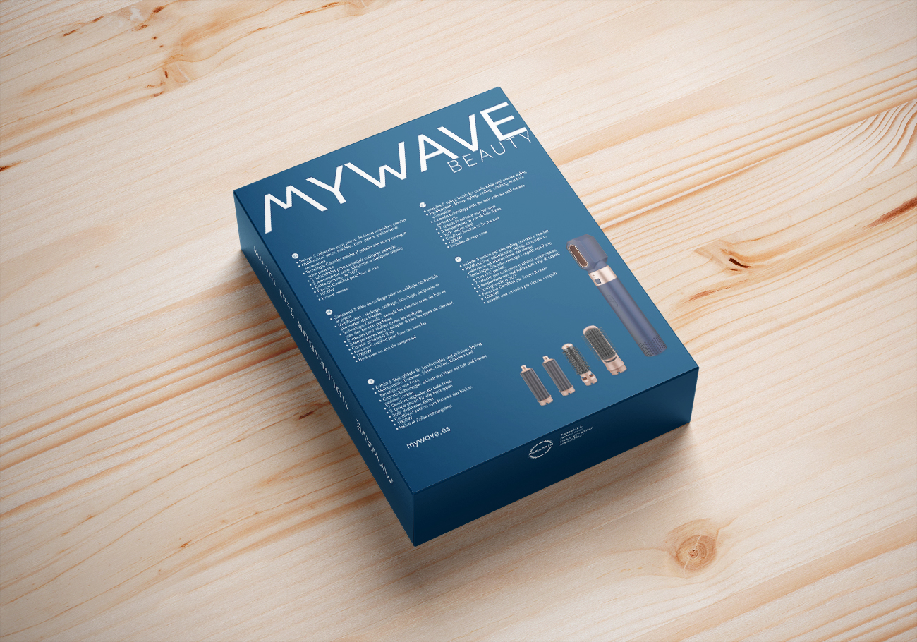 Imagen trasera del packaging del modelador de pelo My Wave