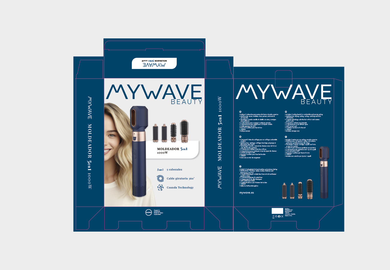 Imagen del troquel del packaging del modelador de pelo My Wave