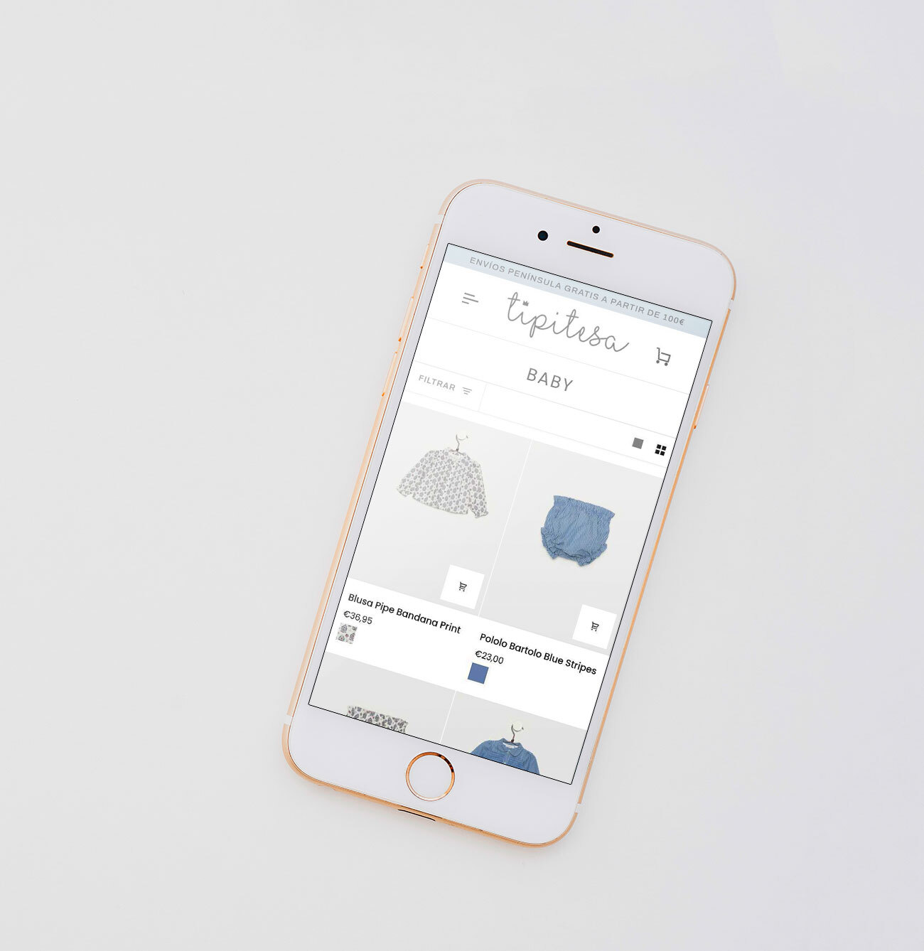 Image of the mobile version of the Tipitesa online shop